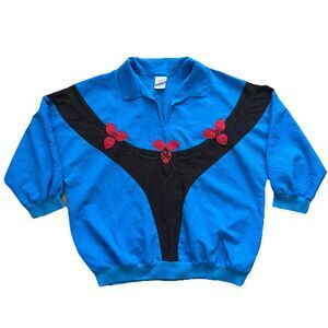 Vintage 80s G.W. Graff USA Blue Applique Dolman Top Artwear Crop Size L Womens